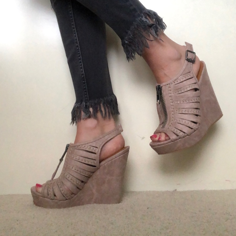 Tan wedge sandals (never worn)